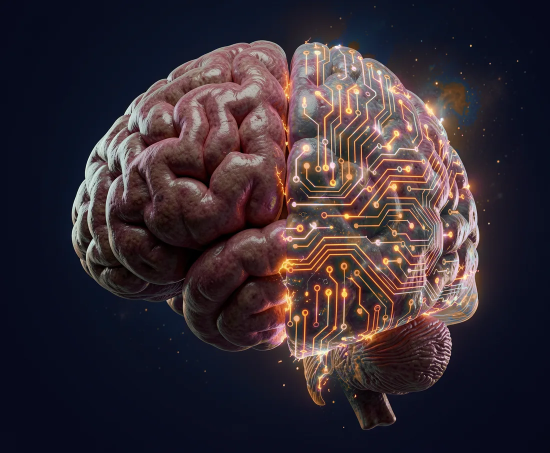 A human brain, half organic tissue and half glowing orange circuitry