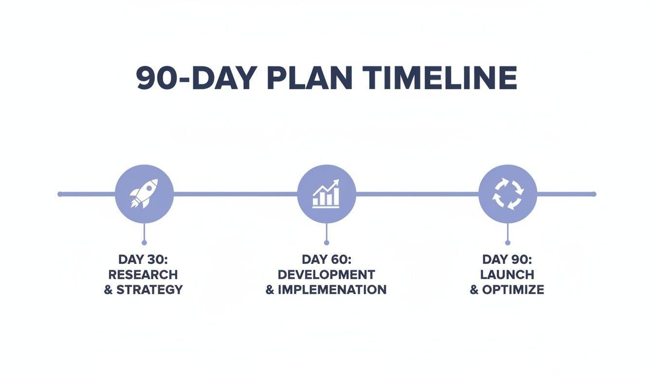 plan Timeline of a fractional CMO's first 90 days: audit and account ownership, message fixes, then one-variable testing