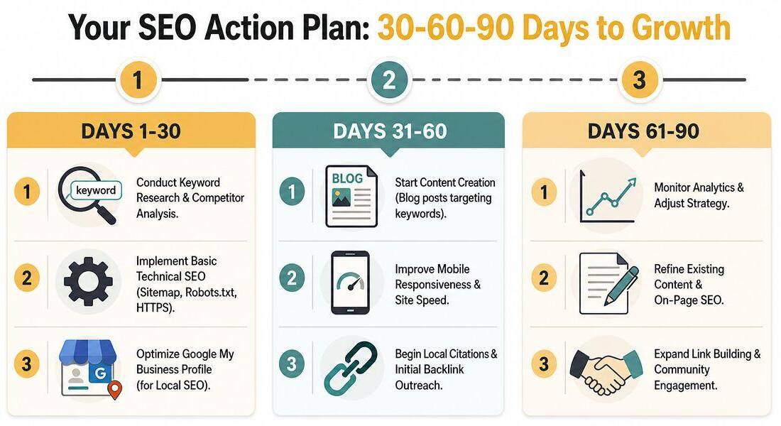 seo plan Timeline of a 90-day AI SEO plan in three phases: baseline and crawler access, fact cleanup and page openings, then outside mentions and a recheck